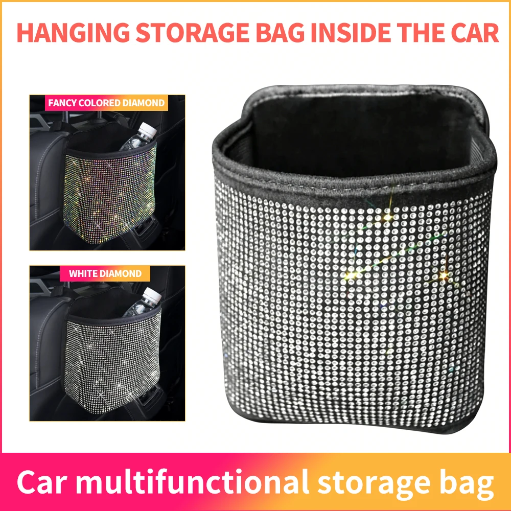 Rhinestone Crystal Car Trash Can Hanging Seat Back Foldable Storage Bag Multifunctional Garbage Bin Auto Interior Accessories
