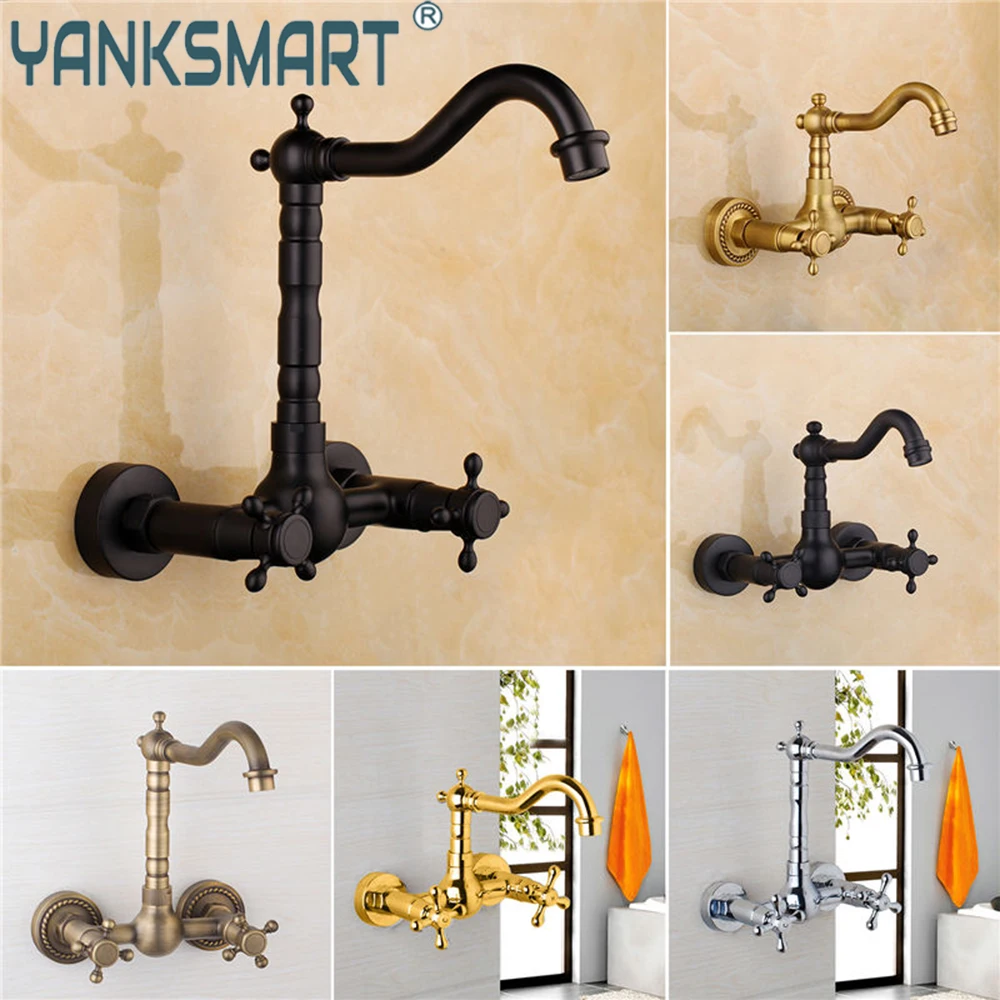 

YANKSMART Bathroom Faucet 2 Cross Handles Basin Sink Wall Mounted Mixer Water Tap 360 Swivel Spout Waterbasin Hot & Cold Faucets