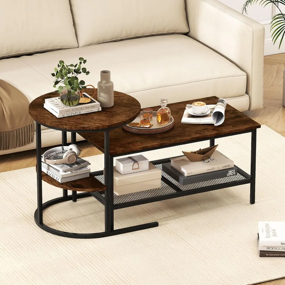 Nesting Coffee Table Set of 2, Round & Rectangular Wood Top with Storage Shelf, Rustic Brown Black