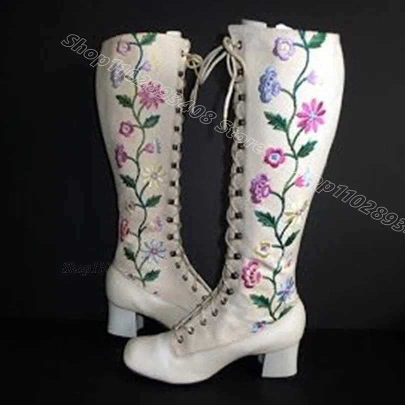 

Flower Embroider Lace up Boots Pointed Toe Chunky Heels Solid British Style Fashion Matte Leather Boots 2024 Zapatos Para Mujere