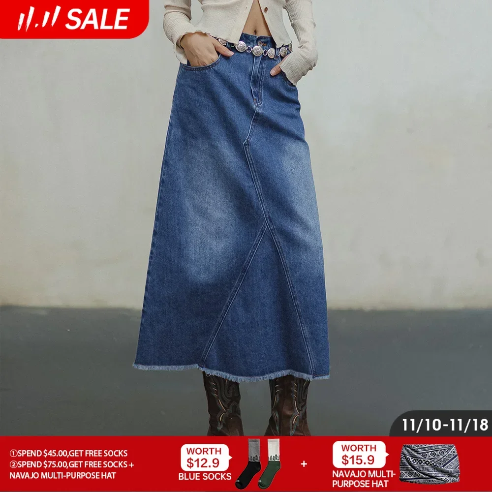 

Maden Vintage Washed Blue Denim Skirt for Women Asymmetrical Pocket Splicing A-line Skirt Personality Versatile Denim Dress