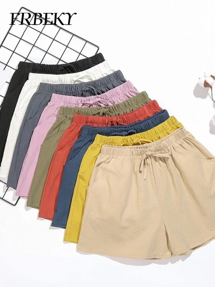 

Shorts Women New Linen Shorts Loose Elastic Waist Casual Ladies Solid Color Shorts Streetwear Fashion Basic Short Korean Fashion
