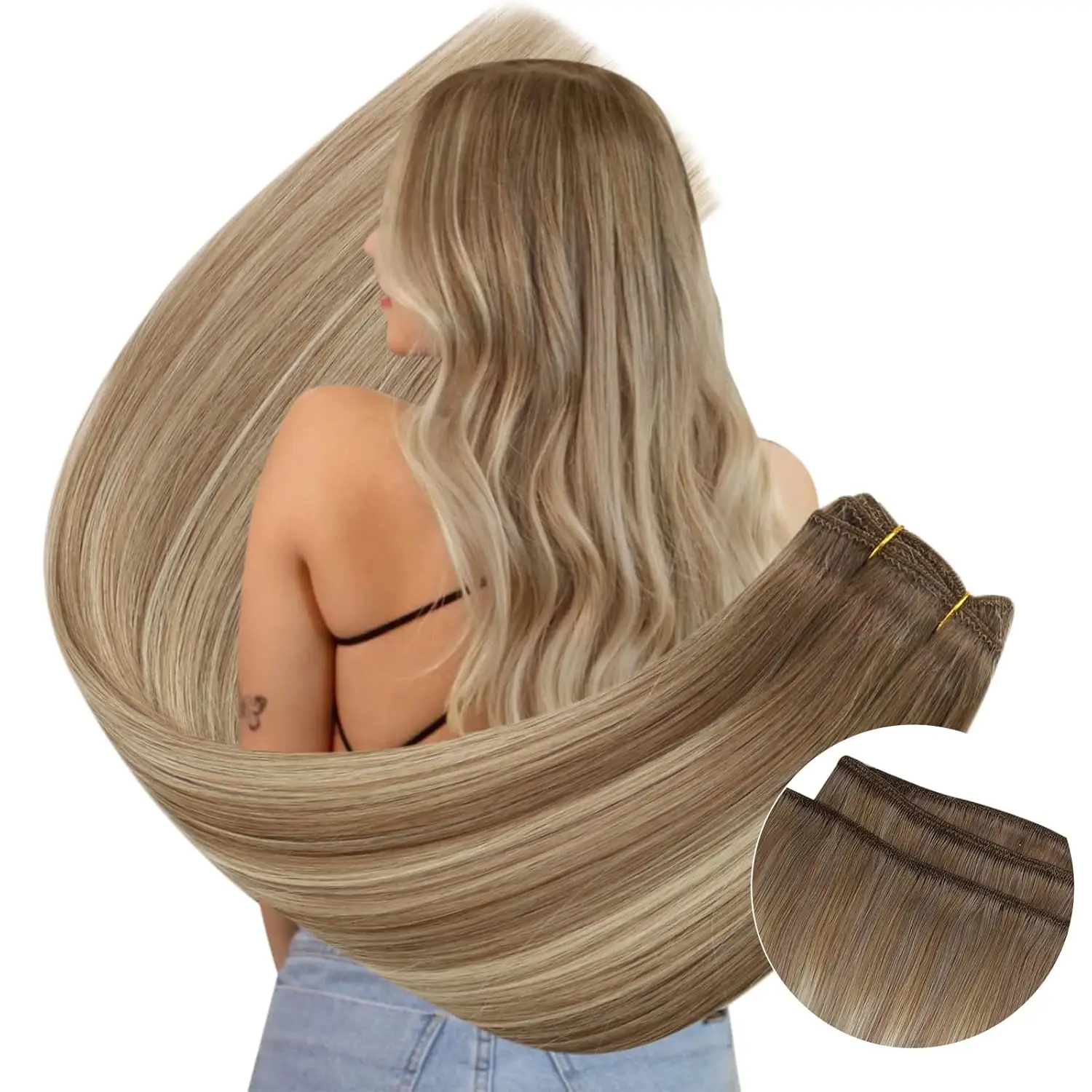 Ugeat Naai in Hair Extensions Menselijk Haar Zacht Natuurlijke Donkere Wortel Haarbundels voor Vrouwen Haar Weeft 100G Remy menselijk Haar - afbeelding 1