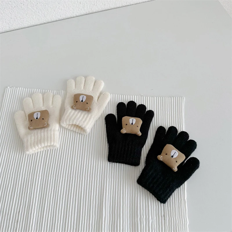 Bear Cute Baby Gloves Winter Warm Thicken Knitted Full Fingers Gloves for Boy Girl Solid Color Cartoon Kids Riding Mittens