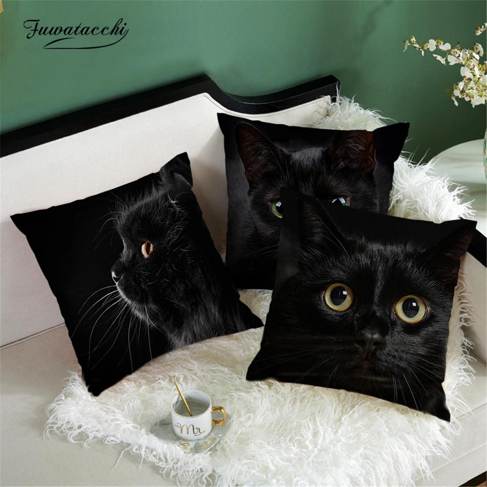Fuwatacchi Mèo Đen Gối Hoạt Hình \ T \ T \ T \ T \ T \ T \ TÁo Gile Funny In Đệm Phòng Trẻ Em Mèo Cà Phê Trang Trí Vỏ Gối