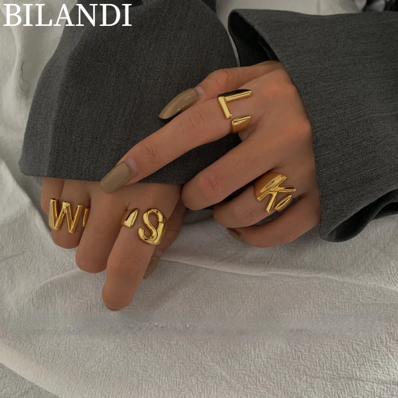 Bilandi Fashion Jewelry English Alphabet Series Ring 2022 New Trend Vintage Temperament Gold Color Rings For Women Gifts