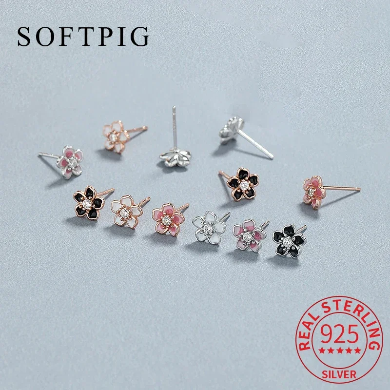 

INZATT Real 925 Sterling Silver Enamel Zircon Flower Plant Stud Earrings For Women Cute Fine Jewelry Minimalist Accessories