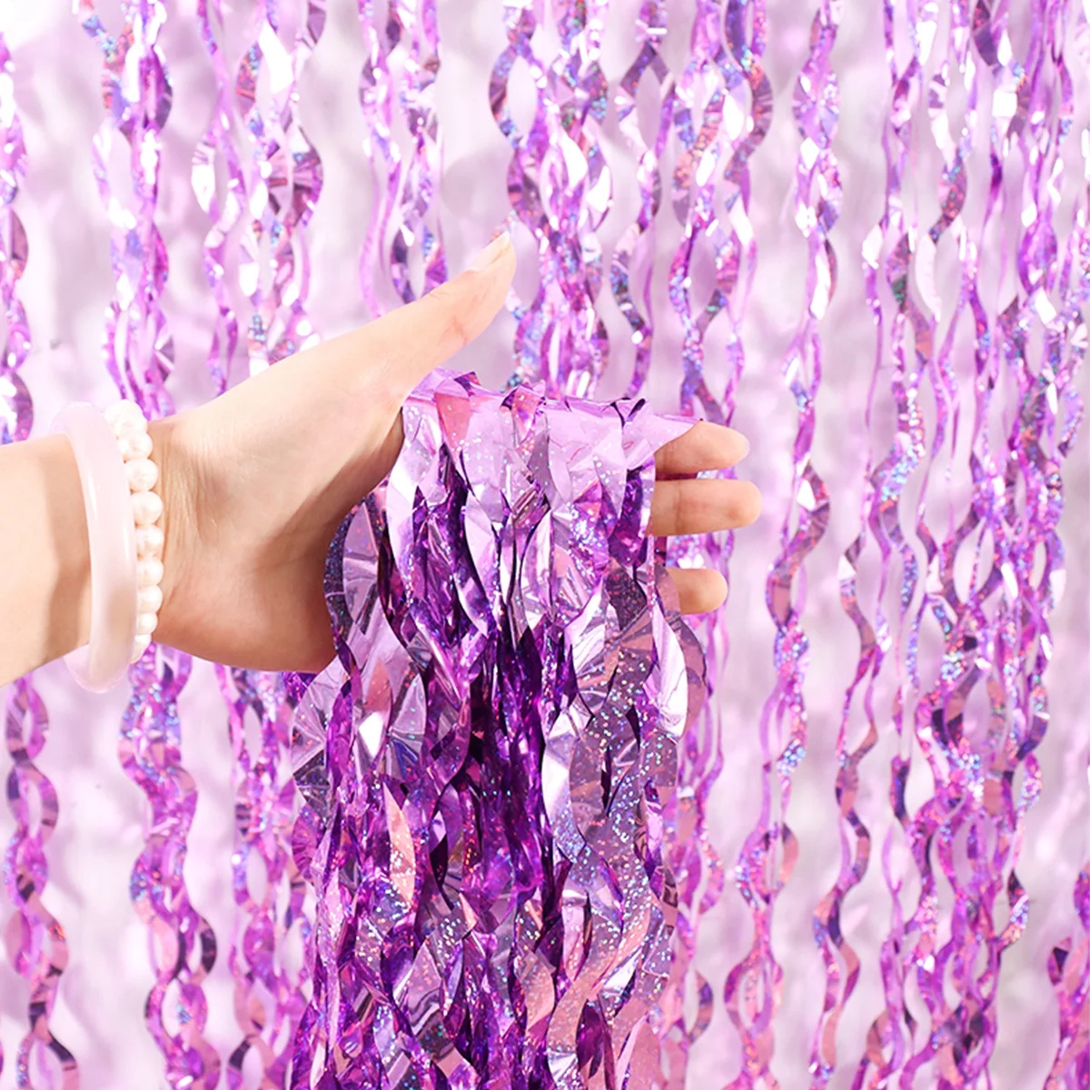 1x2m Wellenmuster Folienvorhang Dekor Ballon Regen Lametta Fransen Streamer Hintergrund für Geburtstagsfeier Hochzeitsdekoration – Detail 1