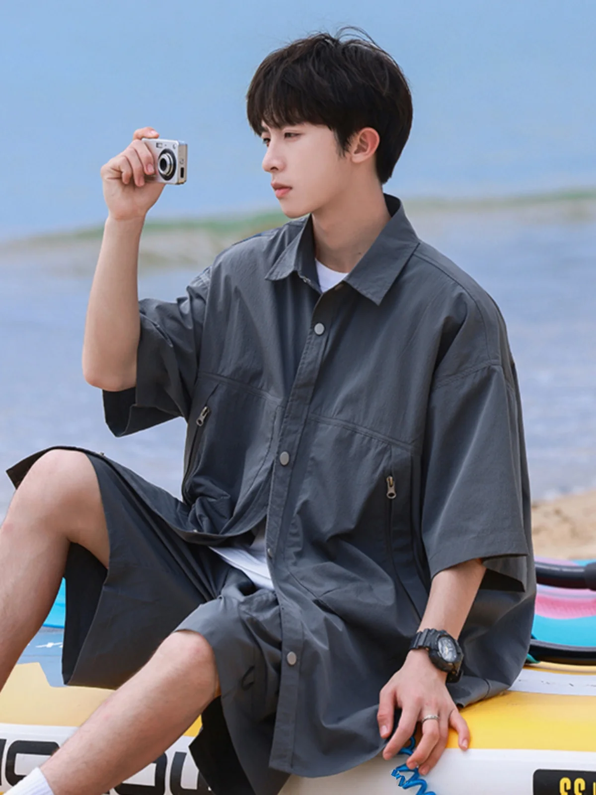 

Men's Summer Thin Breathable Loose Fit ort Sve Collared irt And orts Set Vintage American Trendy Brand Youth Faion