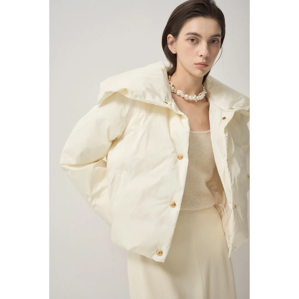 Thiened Goose down Jaet Dstring Commute Sle Korean Version Straight Cut High Collar ket Single Button Long Sve