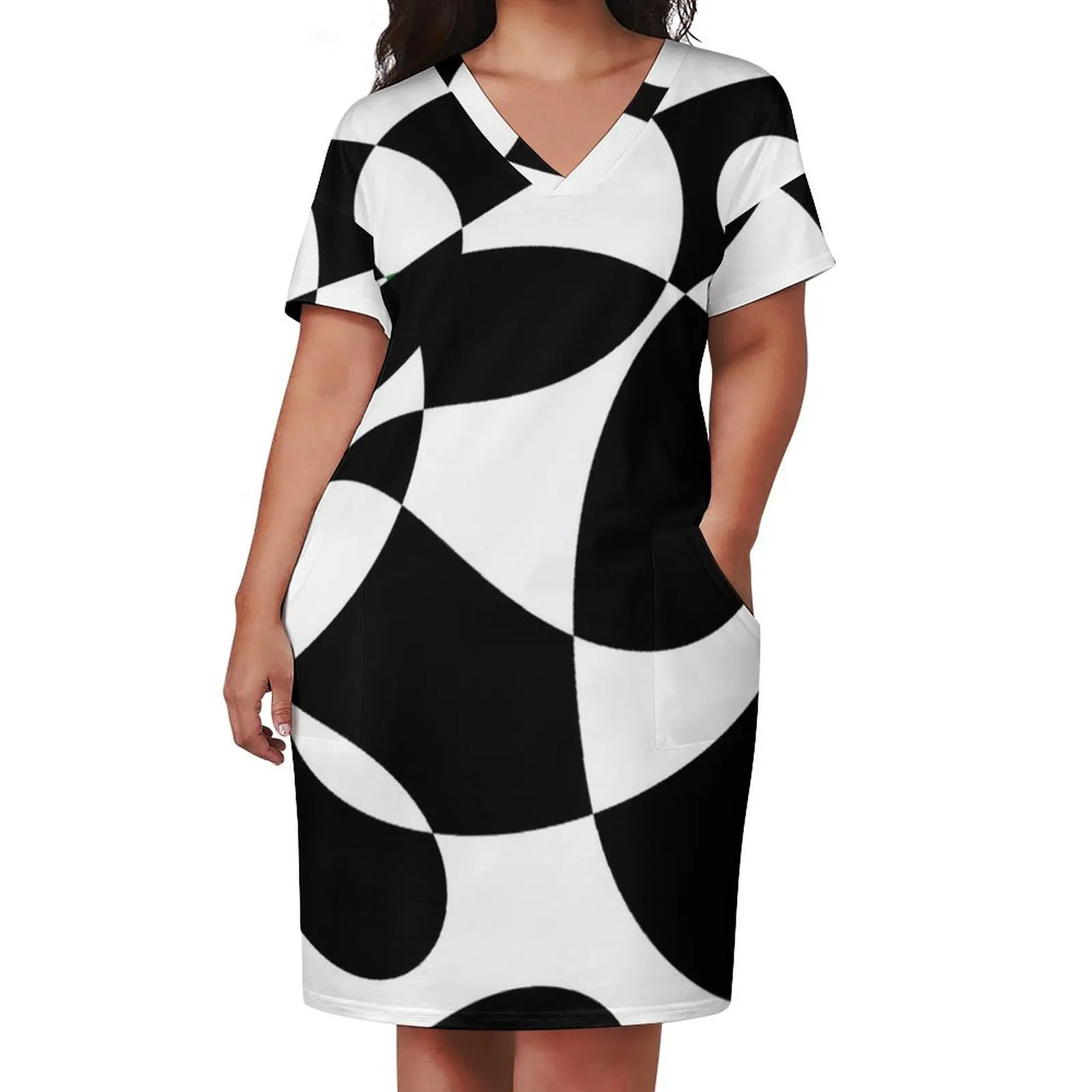 Retro Monochrome 60s Black and White Pattern Loose Pocket Dress Prom gown women dress prom dress