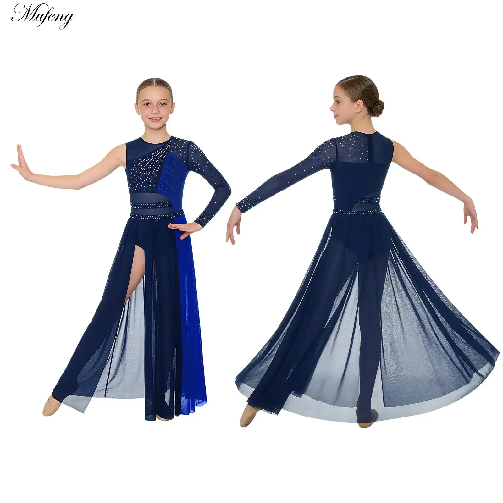 Kids Girls Modern Lyrical Dance Dress Ballet Figure Skating Dancewear Shiny Rhinestones Side Split Mesh Leotards Skirt Maxi Gown