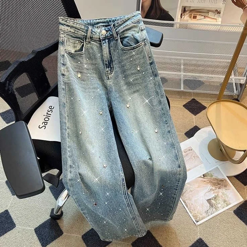 อุตสาหกรรมหนักร้อนเพชรกางเกงยีนส์ผู้หญิงความรู้สึกการออกแบบ Retro กางเกงขากว้างเกาหลีสูงเอวหลวมกางเกงยีนส์ขนาดใหญ่ S-3XL