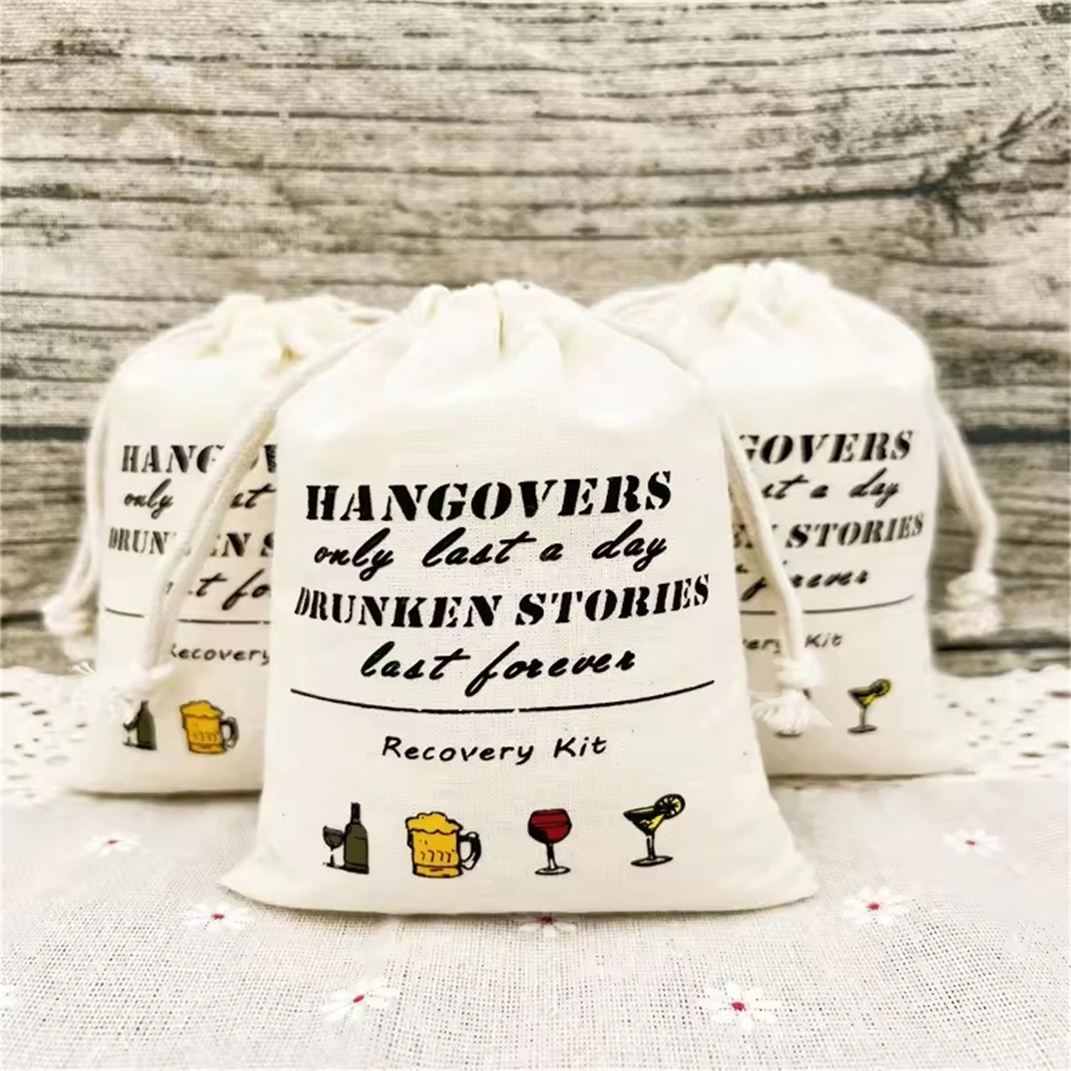 Kit de resaca personalizado, bolsas de regalo de algodón con cordón, embalaje de medicina de emergencia, boda, fiesta individual, despertar de cumpleaños, 20/30/50 Uds.
