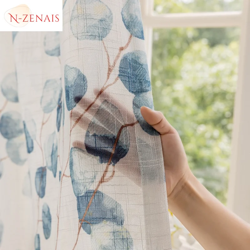 Luxury American Pastoral Transparent Thickened Linen Printed sheer Curtains Living Room Bedroom Balcony Gauze Curtain Elegant