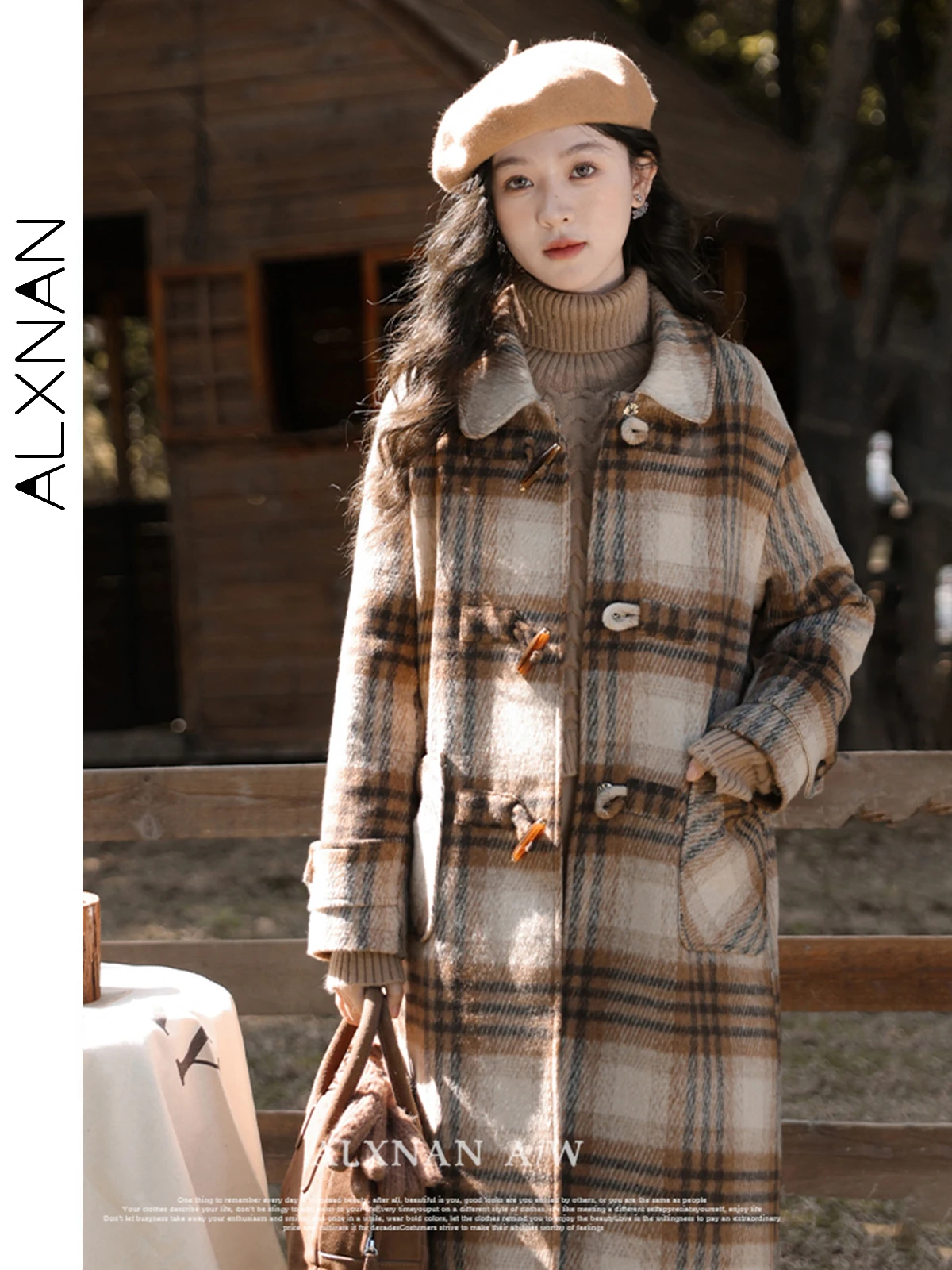 

ALXNAN Polo Collar Plaid Woolen Coat Women 2024 Autumn Winter Fashion Warm Vintage Elegant Straight Overcoats Ladies L330162