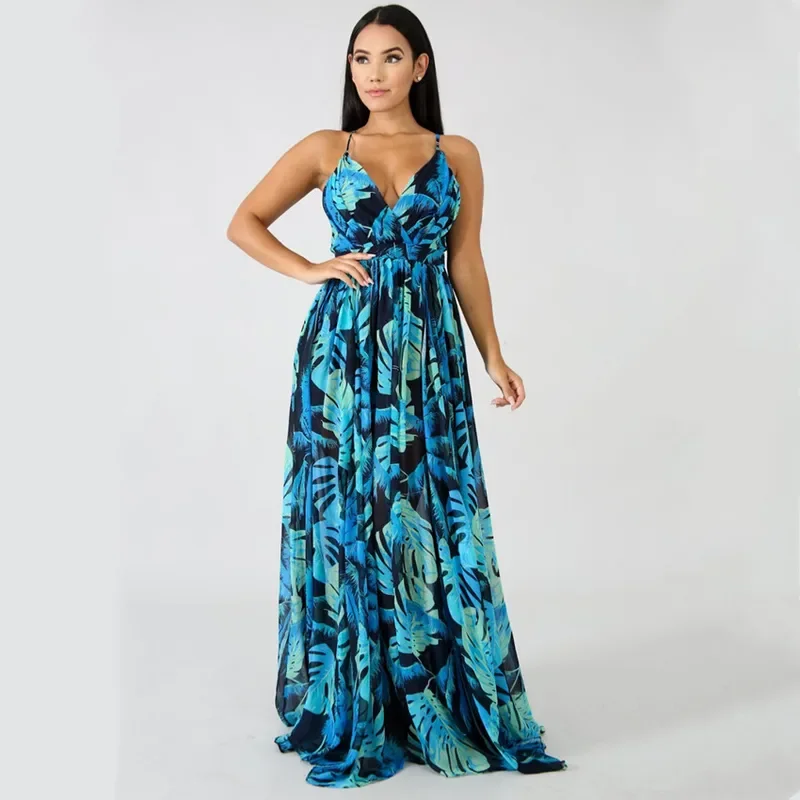 فستان طويل نسائي مثير بطبعة زهور ، بوهو فضفاض ، رقبة عميقة على شكل حرف V ، طويل ، فساتين طويلة ، أنيقة ، عارية الذراعين ، متقاطعة الظهر ، أحزمة ، عطلة ، شاطئ ، صيف