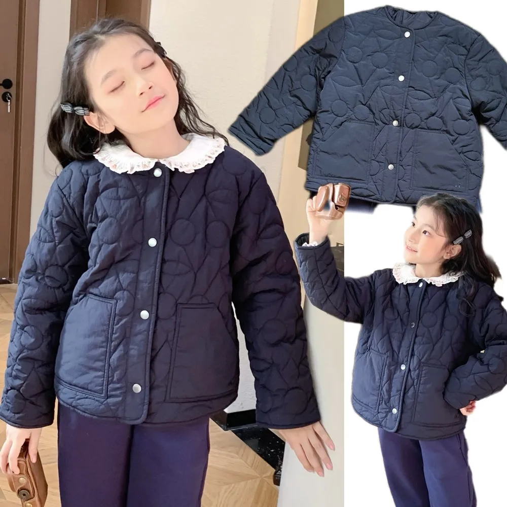 Classic boys' and girls' jackets baby clothes Navy blue cherry pattern embossed French style cotton coat