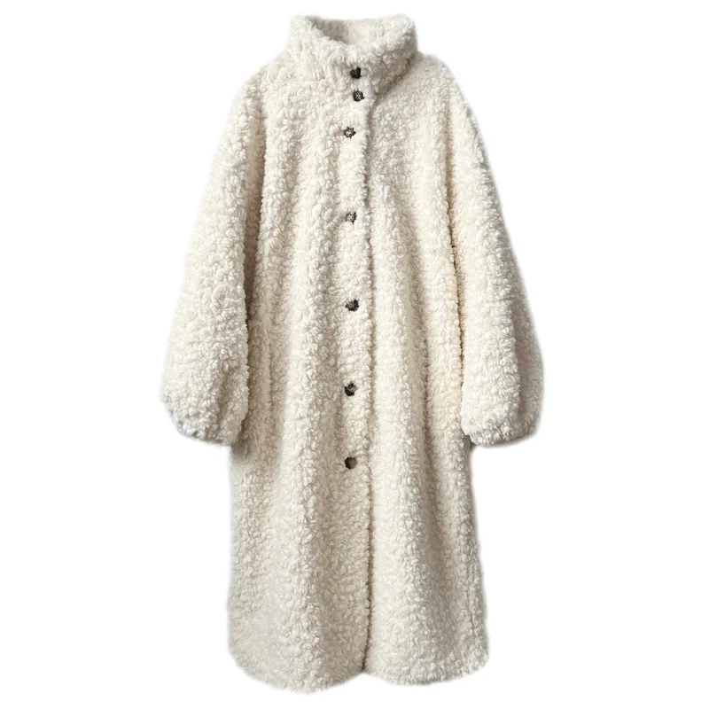 

New product extended lamb fur plush coat winter stand-up collar women's button-up top European and American fashion clothes