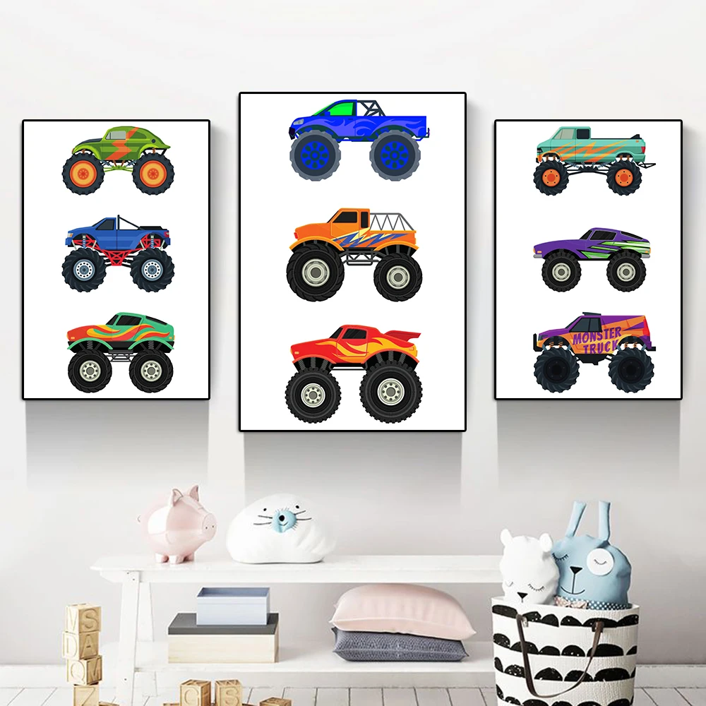 

Funny Monster Truck Cartoon Comic Poster And Print Nursery Wall Art Mural Mountain Racing Canvas Painting Kids Room Home Decor