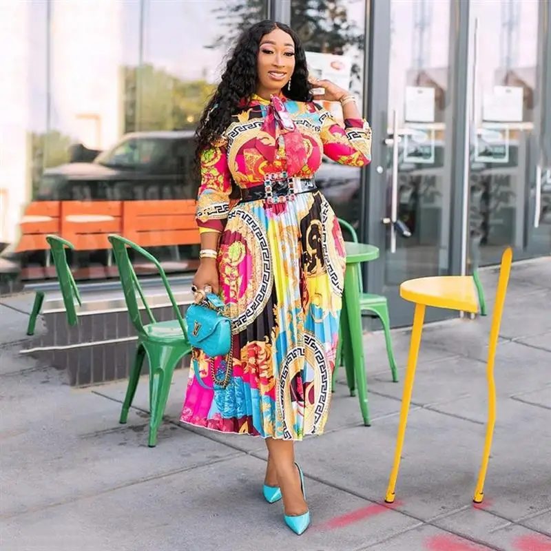 

Spring Summer 2024 Wi Long Dr Artistic Print Pleated 7/8 Length Sve Women's Faion Polyester Fiber Commute Sle