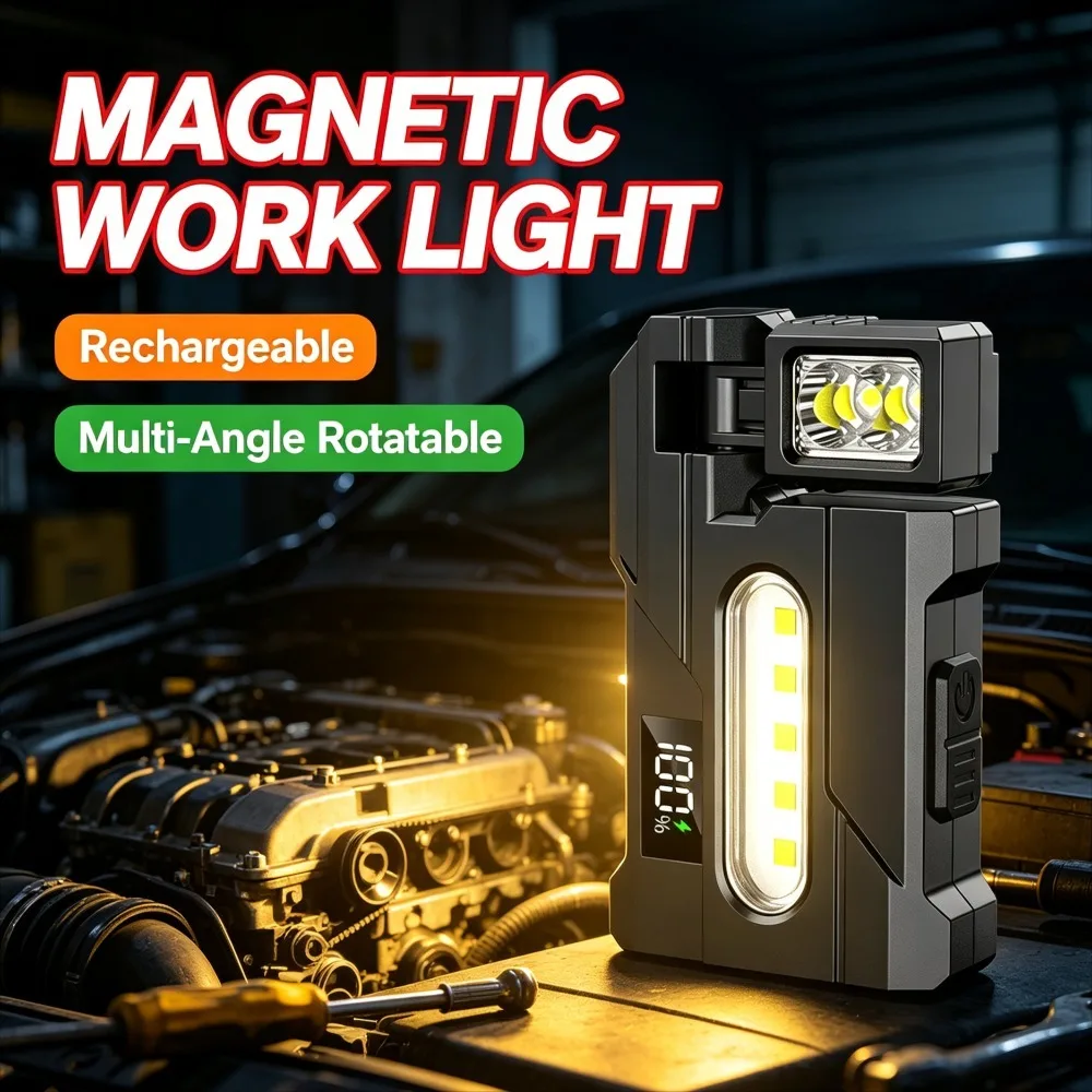 New Magnetic Work Light Digital Power Display Multi‑Angle Rotatable Red‑Blue Warning Flashlight for Outdoor Emergency Inspection