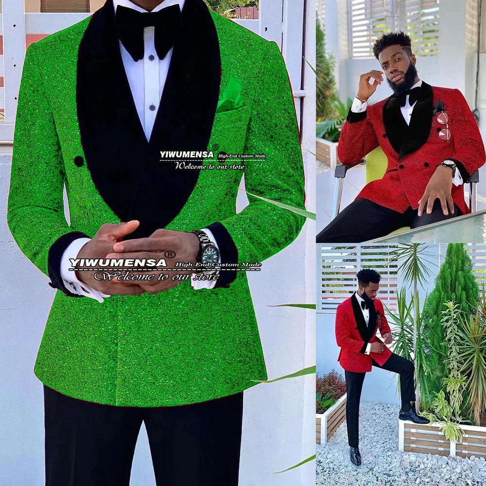 

Green Shinny Business Mens Suits Slim Fit Grooms Blazer Wedding Tuxedo Custom Made Black Lapel Glitter Coat Pant Design Latest