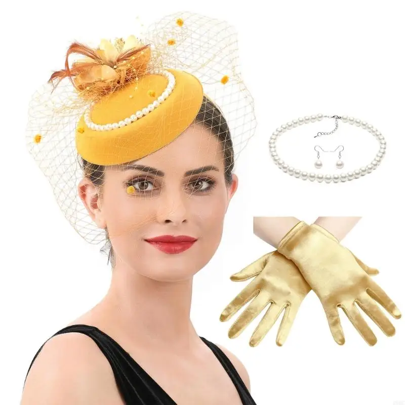 39BC Women's Fascinators Veil Mesh Hat with Lace Gloves Imitation Pearls Necklace Stylish Prom Event Accessory For Women