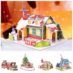 3D árvore de natal blocos de construção para crianças, quebra-cabeça diy, cartão de papel casa, brinquedo montagem, trem