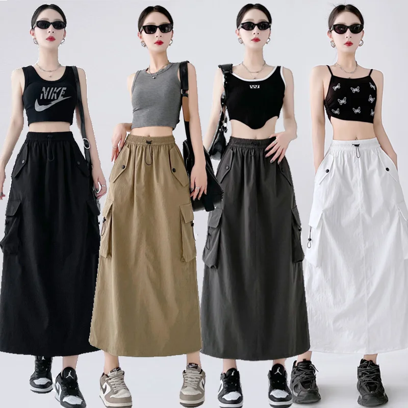 Summer Women New High Waist Stretch Drawstring Cargo Skirt Wide Leg Straight Cylinder Design Split Hem Lady Midi Skirts