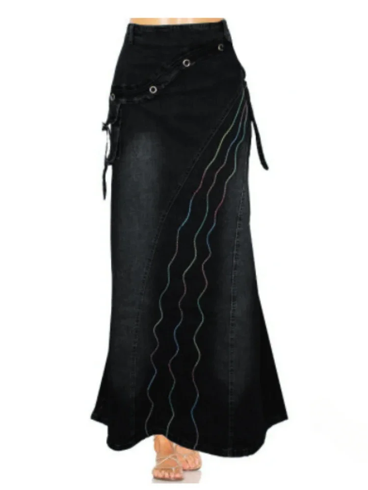 

Long Skirt High Waist Vintage Print Women 2025 Temperament Patchwork Pocket Big Swing Female Denim Fishtail Skirts