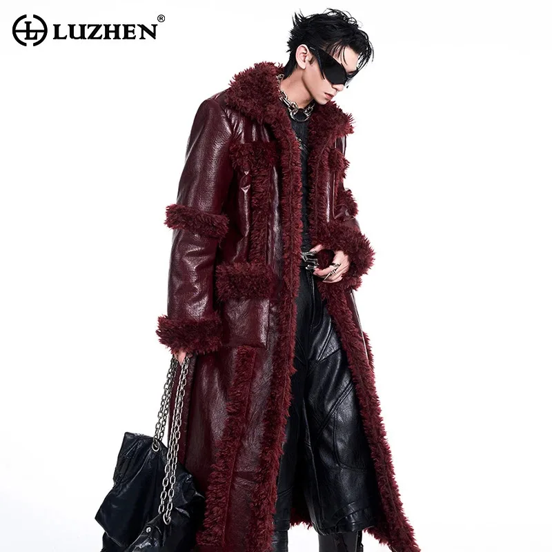 LUZHEN High Quality Thick Long Leather Windbreaker Coat Stylish Elegant Luxury High End Warm Faux Fur Patchwork Chic Tops LZ7277