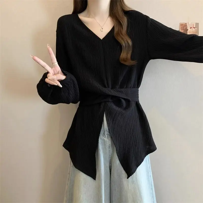 

Commute Solid Color Shirt Spring Autumn Waist Female Clothing V-Neck Slim Stylish Cross Strap Basic Korean Long Sleeve Blouse