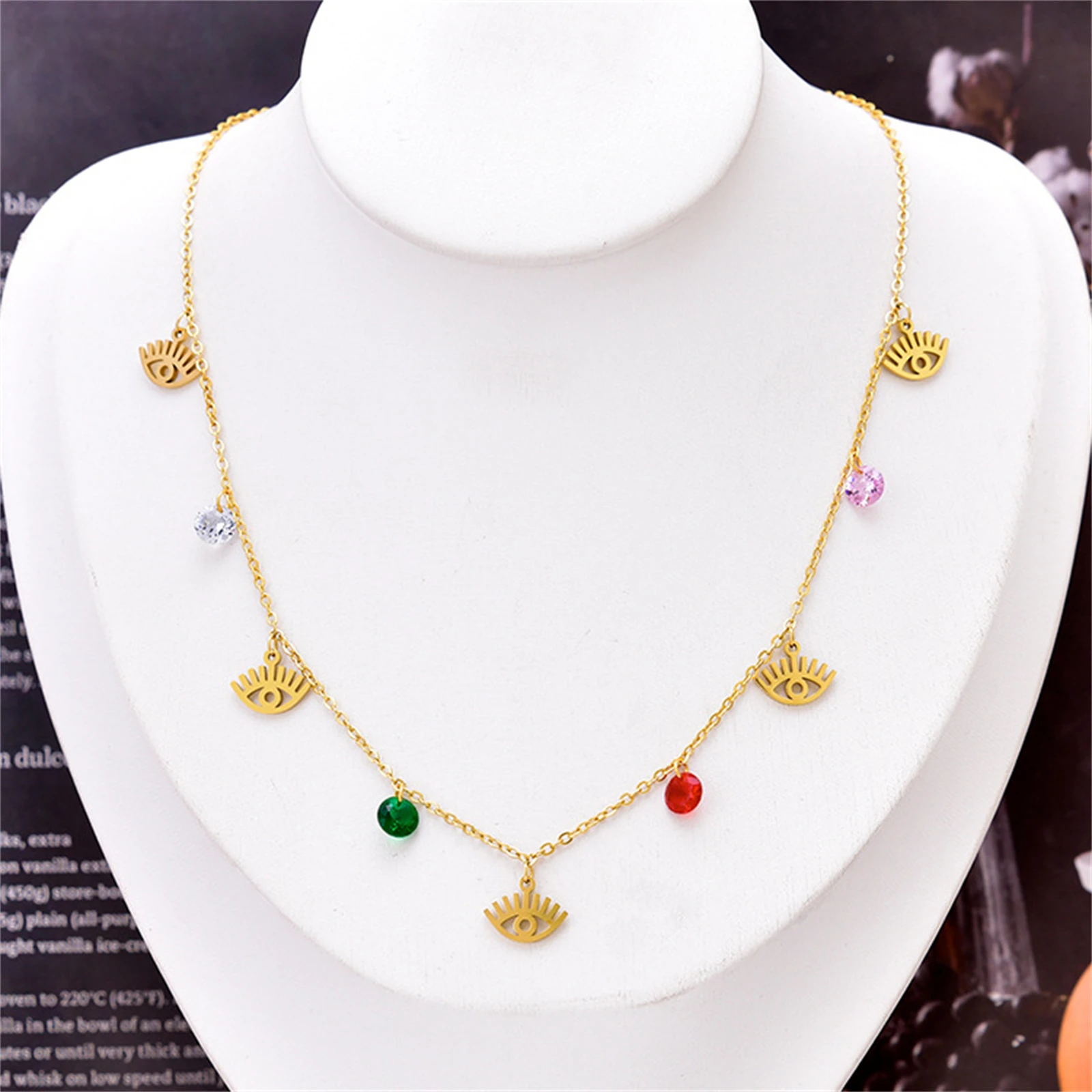 316L Stainless Steel Vintage Chromatic Colour Zircon Eyelash Eyes Pendant Necklaces Ladies Fashion Exquisite Jewelry Party Gifts