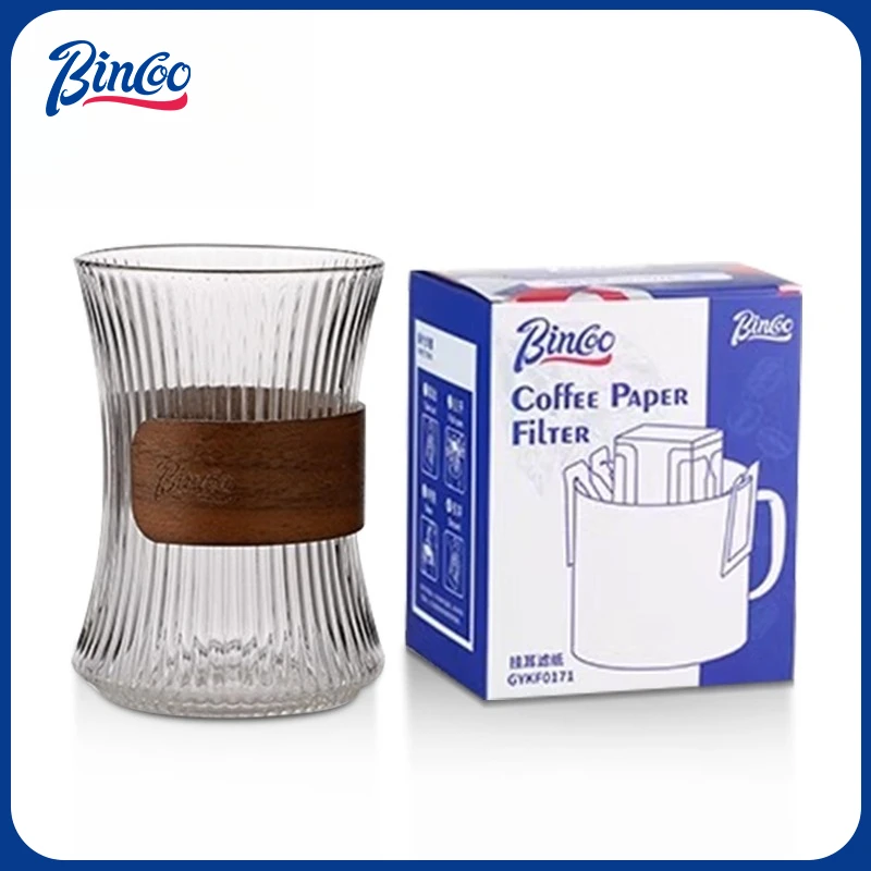 Bincoo Modern Glass Mug 10.5oz | Clear Fluted Coffee Cup with Wooden Band for Pour Over & Espresso, Durable Heat-Resistant