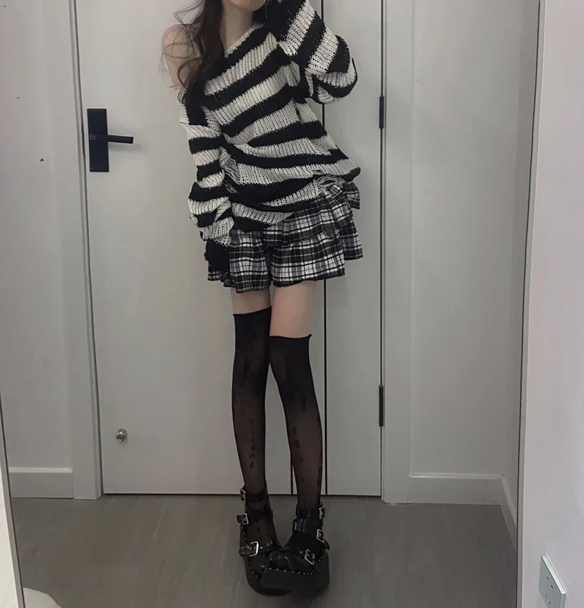 2024 90s Punk Gothic Long Sweater Women Dark Aesthetic Striped Pullovers Hollow Out Oversized Grunge Jumpers Emo Alt Clothes Y2k