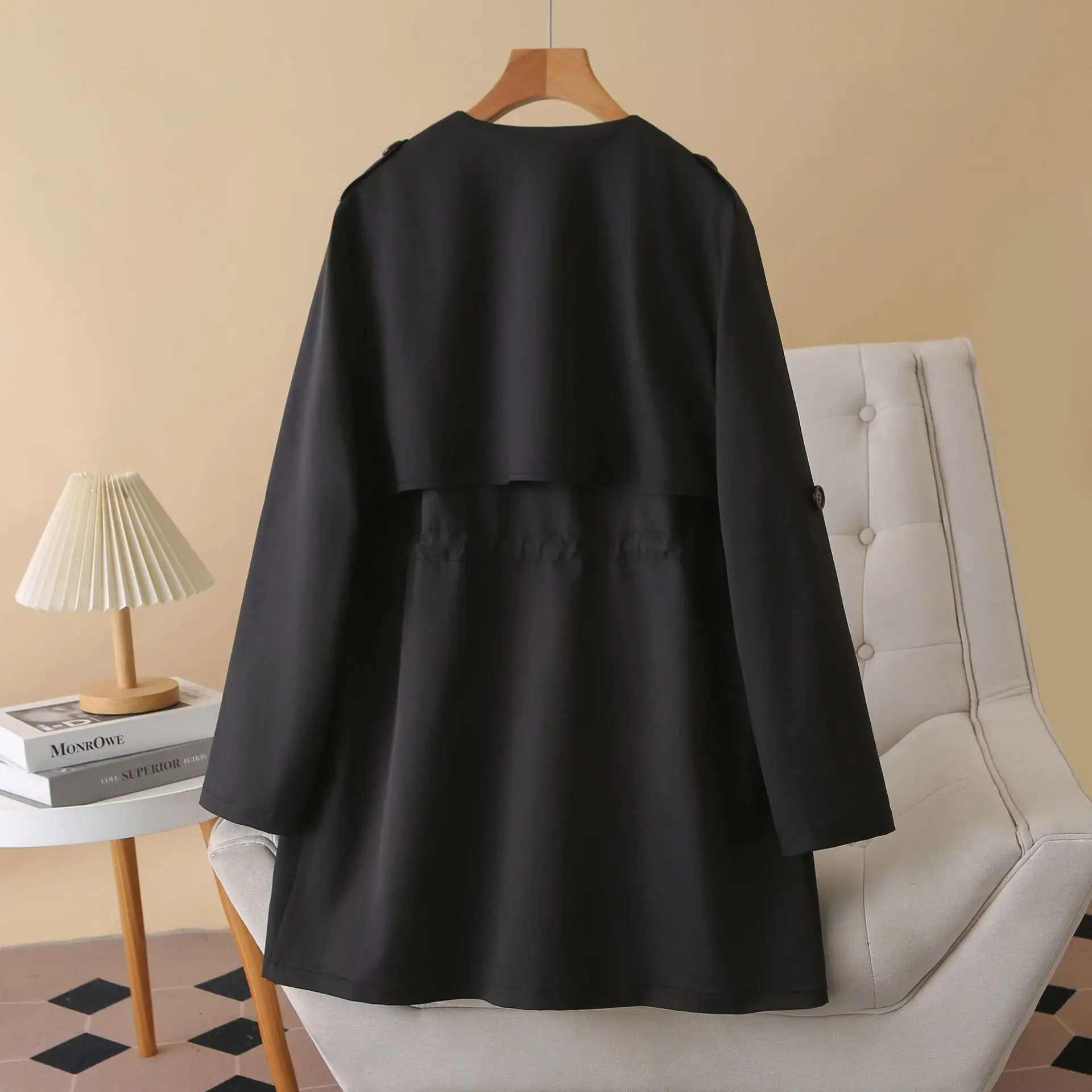 Women's Plus Size Spring Trench Coat with Belt - close-up view