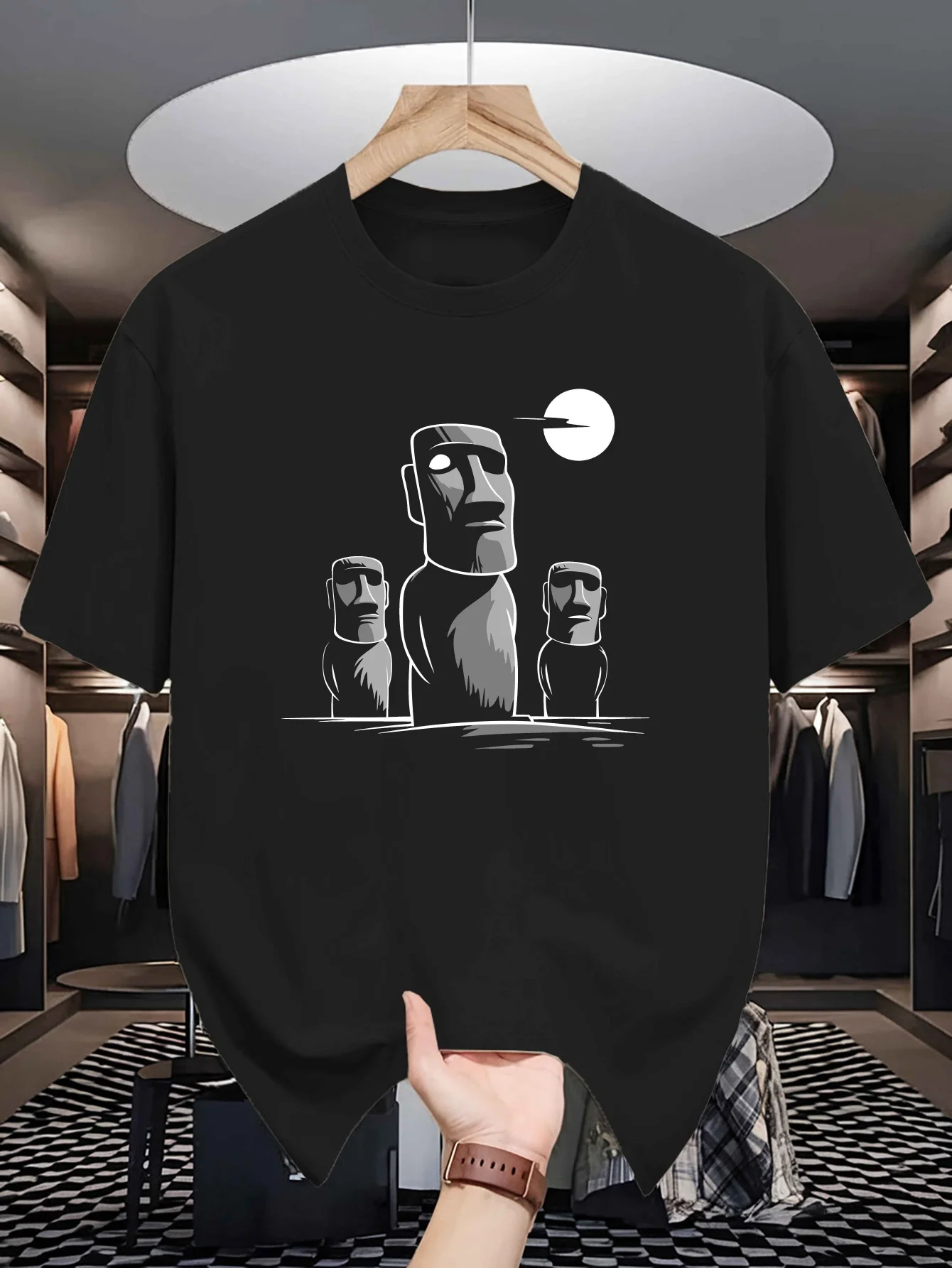 Moai Statue Print Mens Crew Neck T Shirt Easter Island Meteor Monument Graphic Short Sleeve Casual Cotton Trendy Street Tees