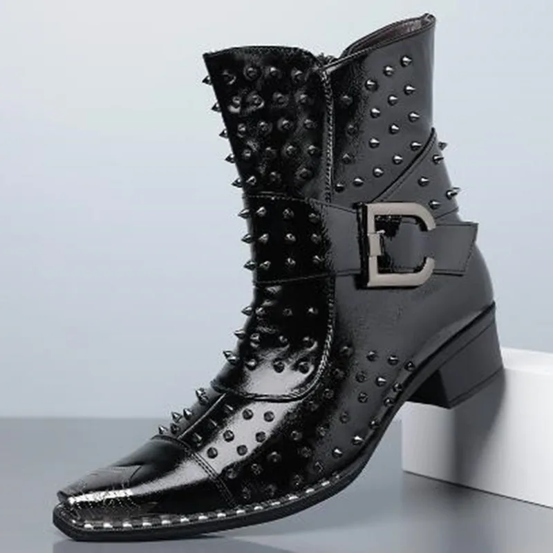 New Men Pointed Toe Dark Punk Ankle Boots Studded Chunky Block Heel Side Zipper Plus Size 48 High Top Boots Western Cowboy Boot