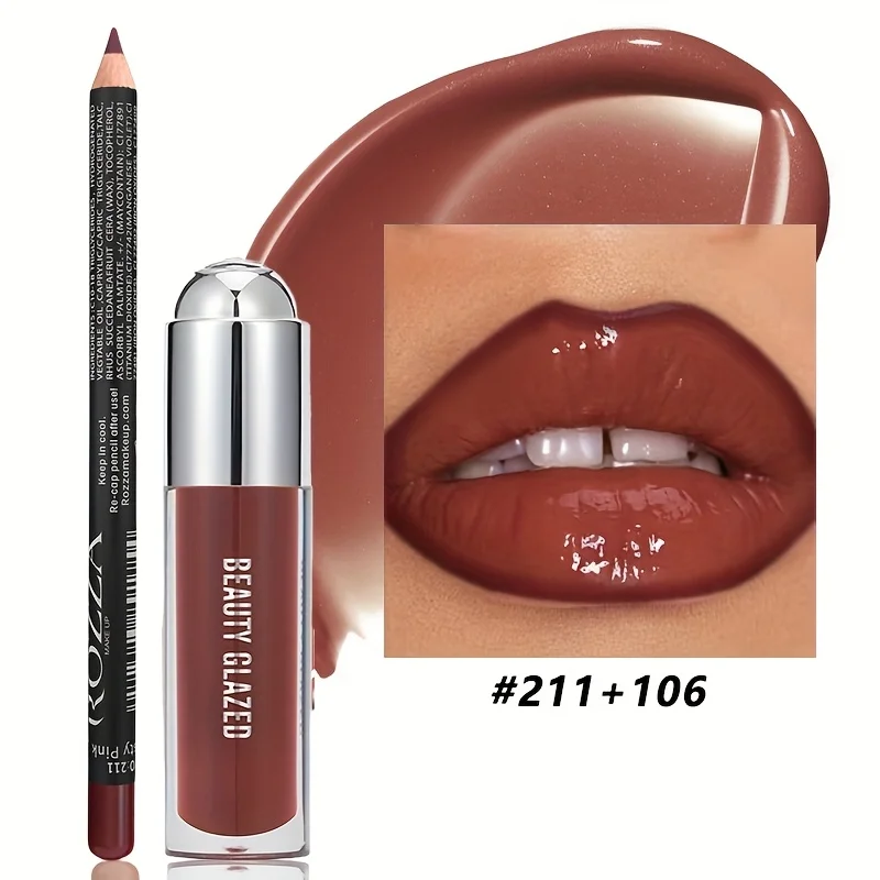2Pcs Lip Gloss & Lip Liner Set Lip Kit Natural Nude Lip Glow Waterproof Longlasting Lip oil Liquid Lipstick Lip Liner Combo