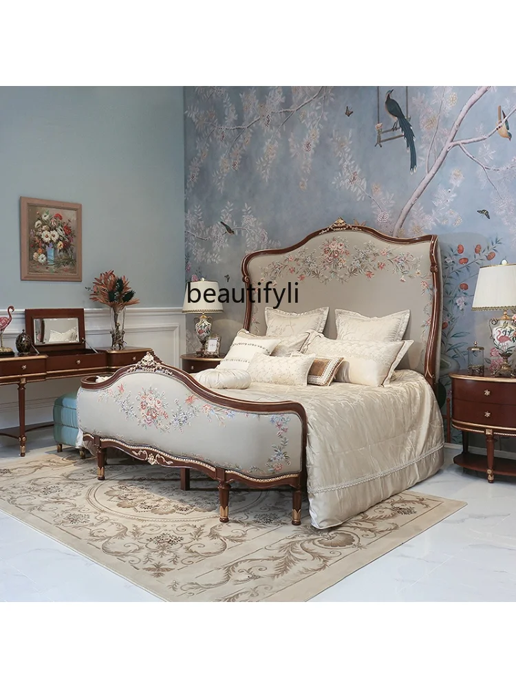 yj French Furniture Villa Bedroom Embroidery Carved Jacquard Fabric Solid Wood 1.8M High Back Bed