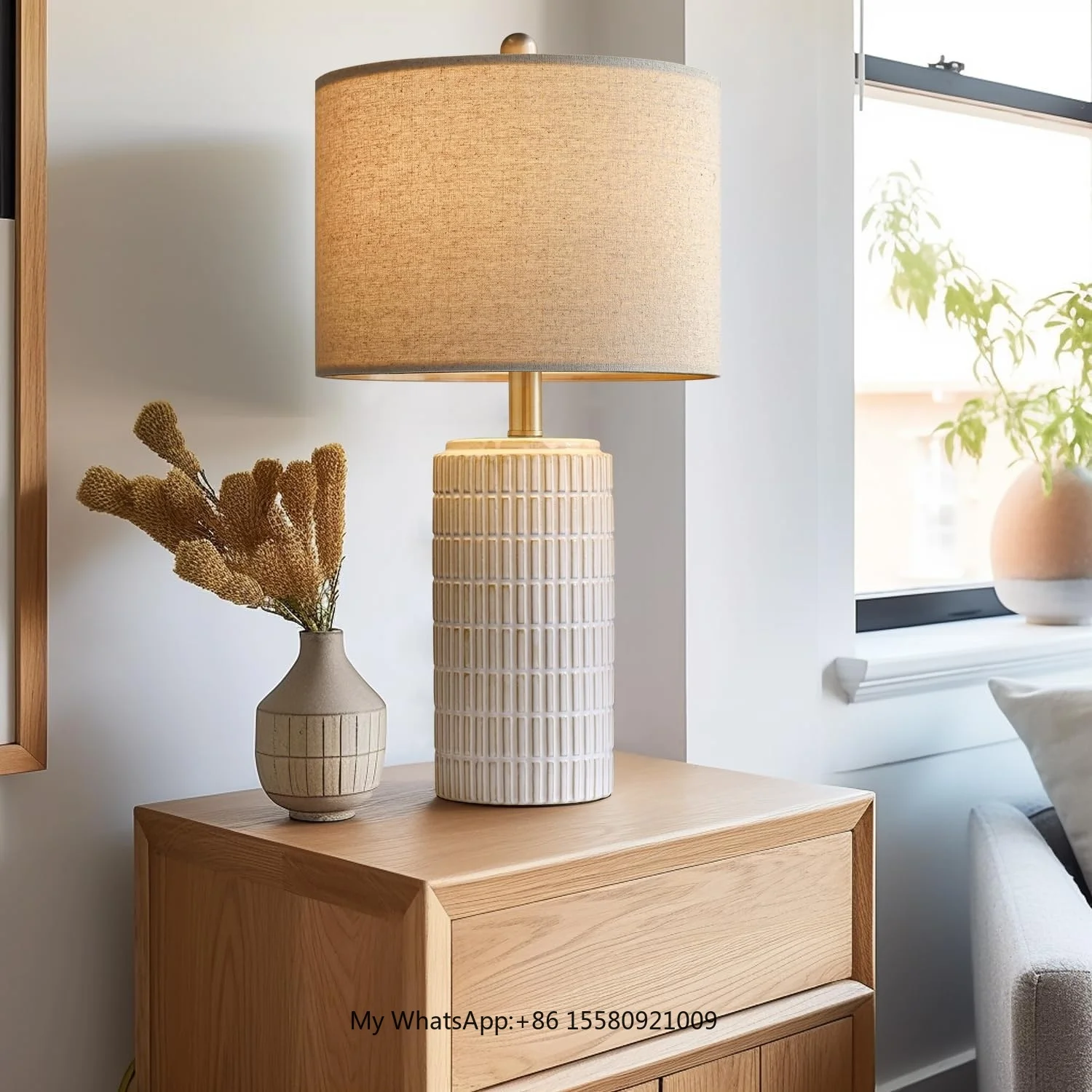 SIMIG Modern Ceramic Table Lamp White Beige Bedside Nightstand Lamps for Bedroom Living Room Farmhouse Table Lamps view 3