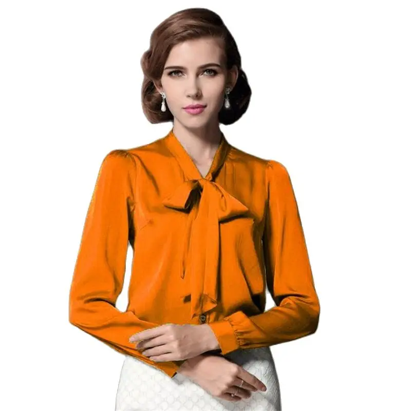 Women's Full Sleeve Solid Stand Belt Cardigan Button Shirt Summer Blouse Solid Shirts Hot Sale 51% Silk