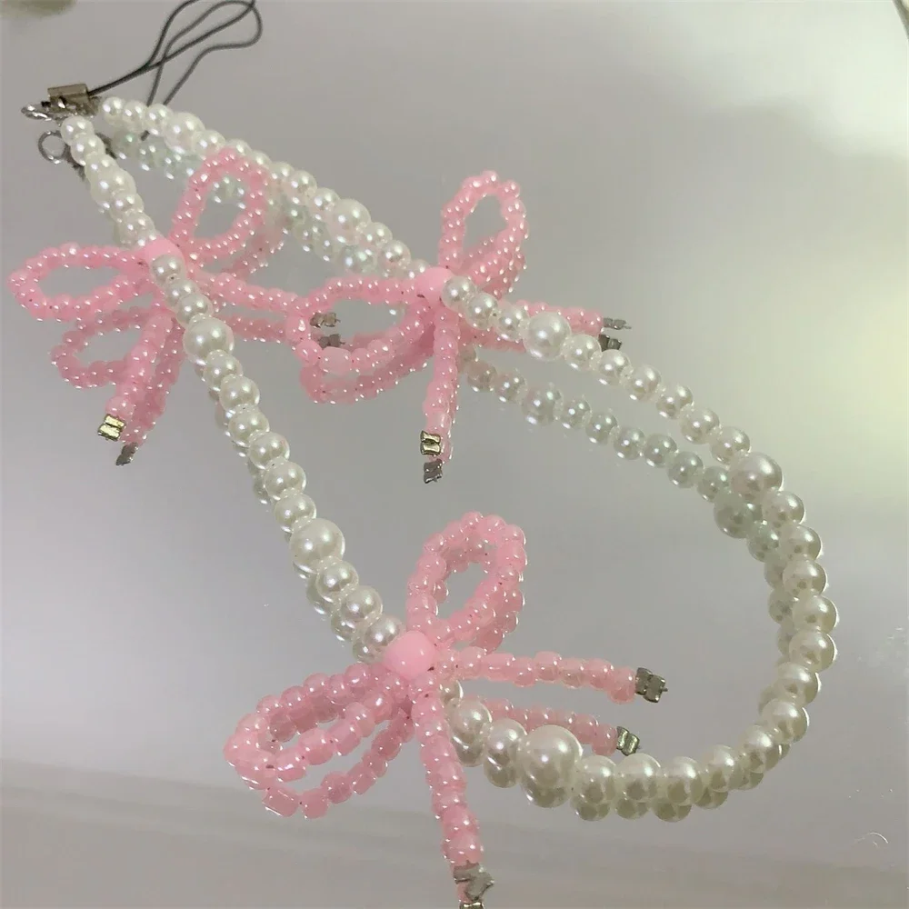 Korea Cute Pink Bowknot Pearl Pendant Beaded Phone Charm for IPhone Accessrioes Lanyard Woman Girl Jewelry Hanging Rope Strap