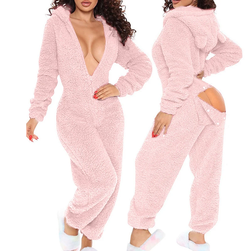 Women Plush Velvet Hooded Jumpsuits Button Open Butt Fluffy Hoodies Bodysuits Casual Playsuits Tracksuits One-piece Overalls 2XL