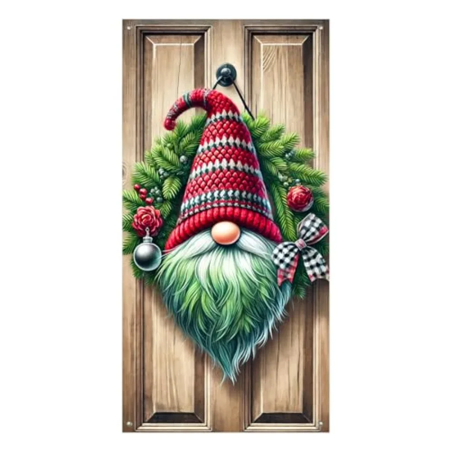

Christmas Door Cover Holiday Door Cover Decoration with Cute Gnome Wreath Festive Party Doors Cover for Indoor Outdoor Front Do