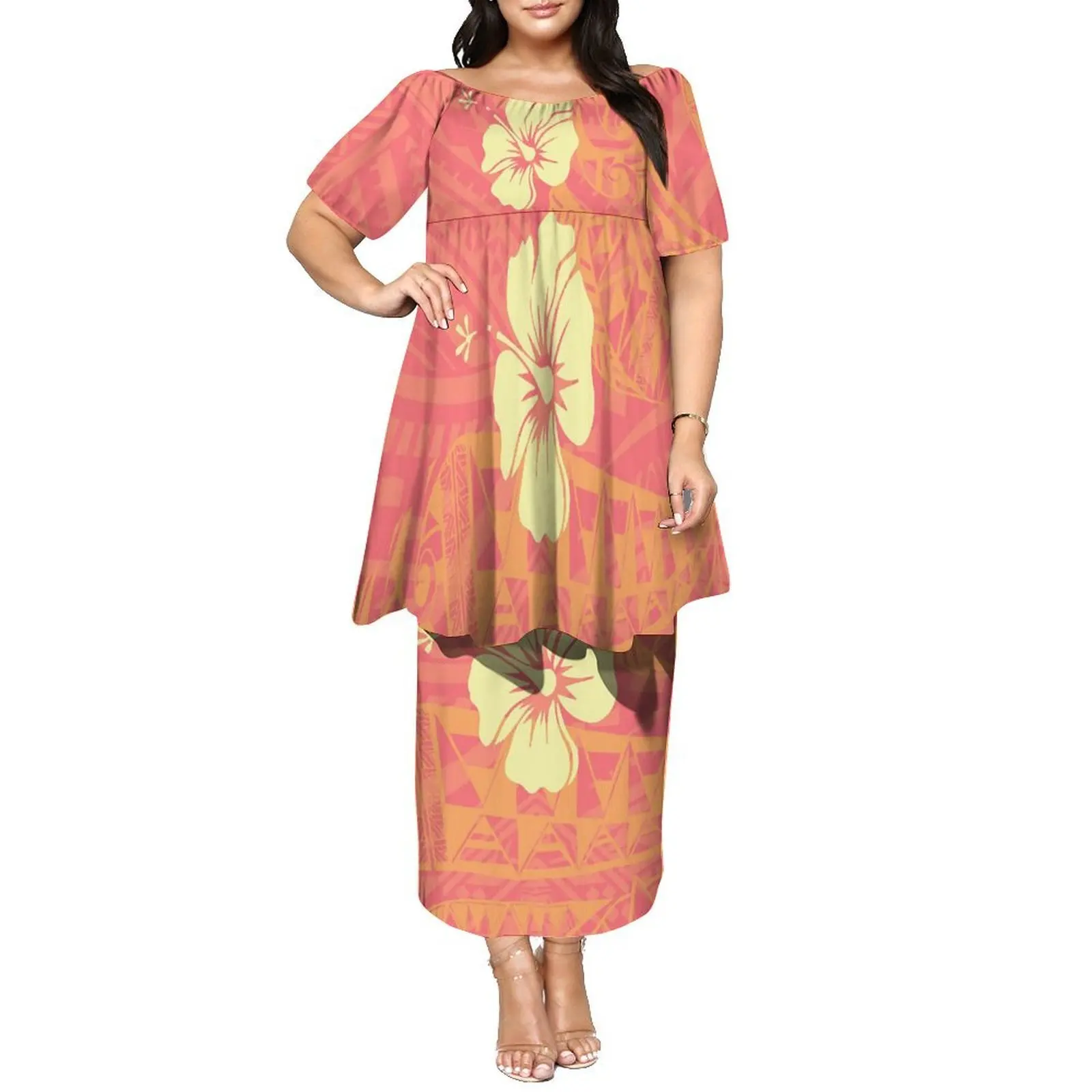

A Two-Piece Polynesian Puletasi Dress Set For Women Featuring A Loose Top And Long Dress With Ethnic Flower Custom Patterns