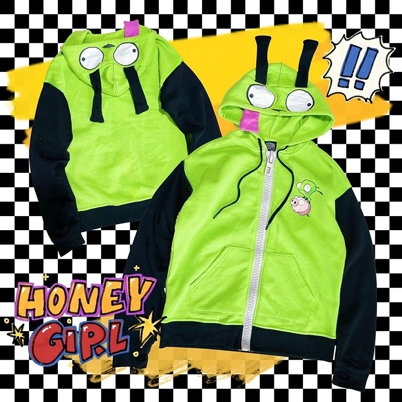 Anime Invader Cosplay Costume Coat Alien Zim Hoodies Jacket Hooded Zip Up Pullovers Sweatshirts with Ears Halloween