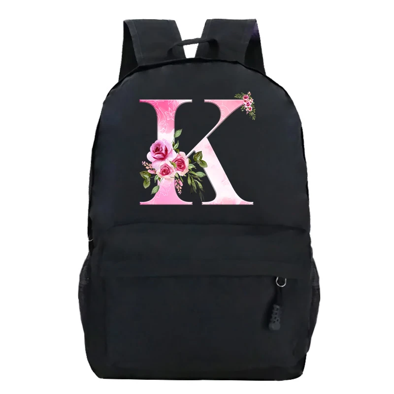 Pink Gradient Rose Printed Schoolbag for Teenagers Fashion 26 Floral Alphabet Canvas Girl Shouder Bags Portable Student Backpack