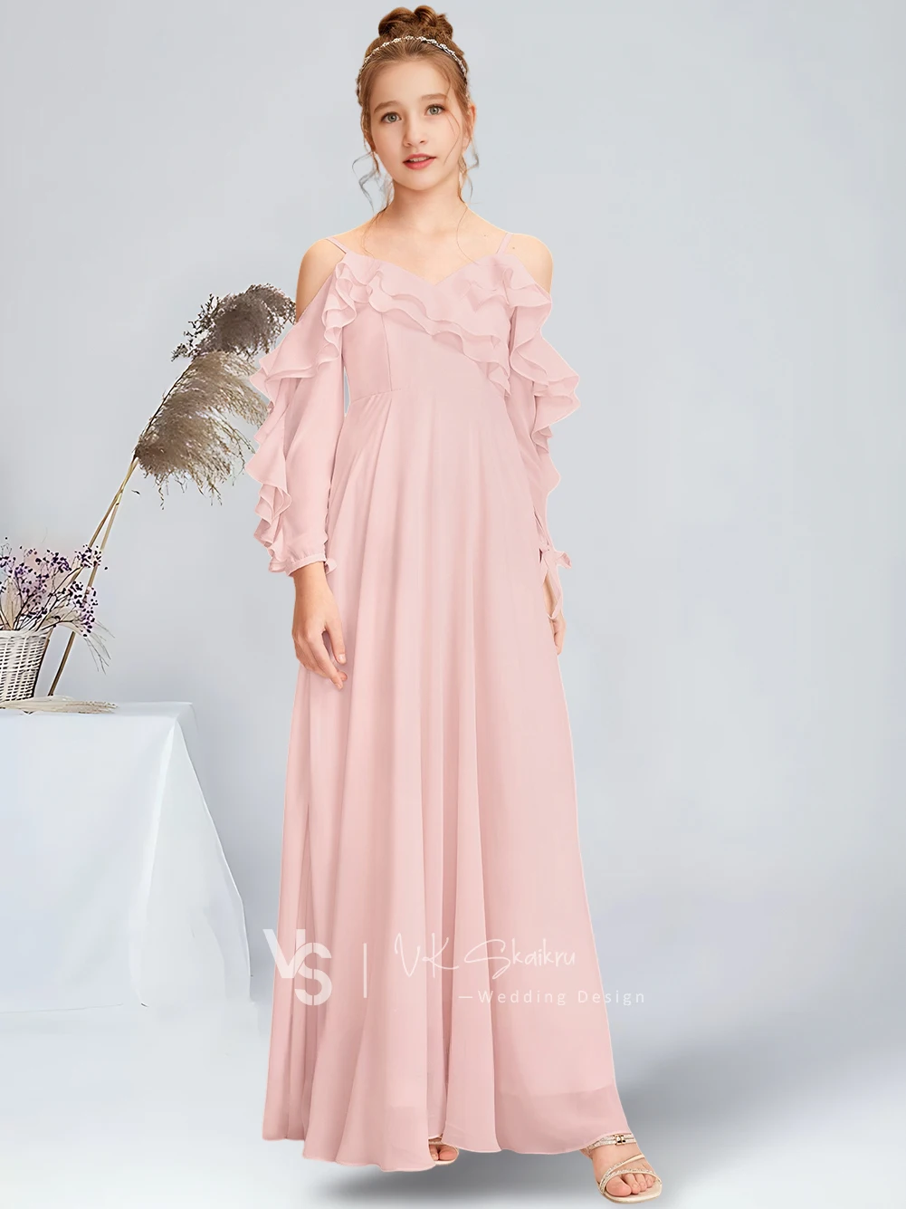 Vestido de dama de honor junior de gasa hasta el suelo con hombros descubiertos y corte en A, vestido de niña de flores rosa rubor para boda y comunión